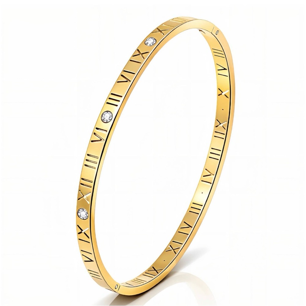 Roman Numeral 18K Gold Plated Bangle Bracelet with Crystals